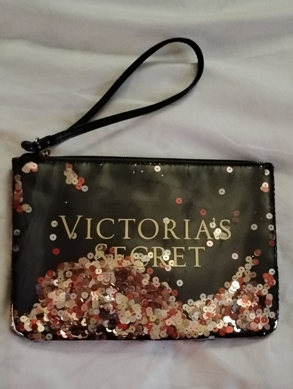 Victoria's Secret Large Black Wristlet with Rose Gold & Silver Sequins